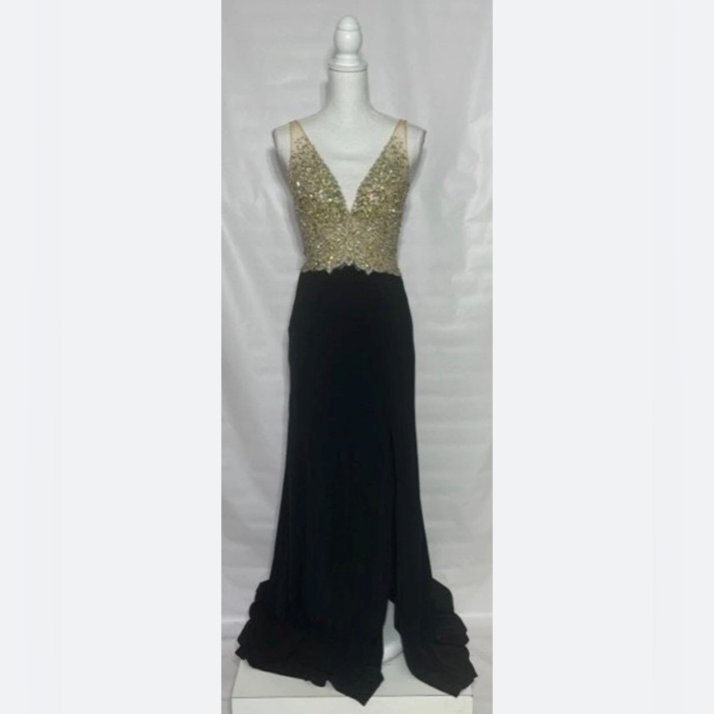 Jovani Formal Prom Gown Black Nude Iridescent Beaded Bodice Glamorous Elegant 2